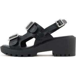 Soda “Galaxy” ~ Women Open Toe Fisherman Lug Sole Low Heeled Sandals(Black Pu)