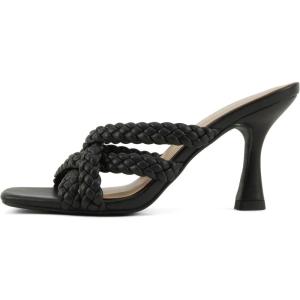 Soda “Kellan” ~ Women Square Toe Braided Multi-Strap High Kitten Heeled Sandals(Black Pu)