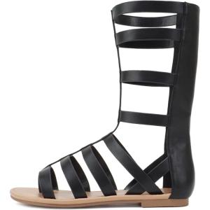 Soda MOXIE ~ Women Open Round Toe Mid-Calf Height Flat Gladiator Sandal(Black Pu)
