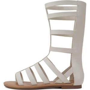 Soda MOXIE ~ Women Open Round Toe Mid-Calf Height Flat Gladiator Sandal(Bone Pu)