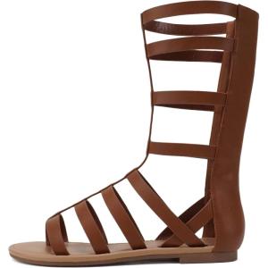 Soda MOXIE ~ Women Open Round Toe Mid-Calf Height Flat Gladiator Sandal(Cognac Pu)