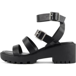 Soda Napoli ~ Women Round Toe Lug Sole Gladiator Wedge Sandal(Black Pu)