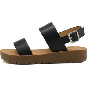 Soda REMUS ~ Women Casual Open Toe Two Bands with Ankle Strap Fashion Thick Bottom Slide Flat Sandal(Black Pu)
