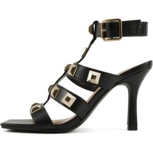 Soda “Upton” ~ Women Square Toe Studded Multi-Strap High Heeled Fisherman Sandals(Black Pu)