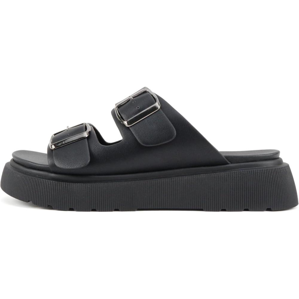 imageSoda Uberta  Women Round Toe Lug Sole Platform Slide Sandal with Two Adjustable Buckle StrapsBlack Pu