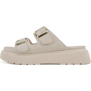 Soda “Uberta” ~ Women Round Toe Lug Sole Platform Slide Sandal with Two Adjustable Buckle Straps(Beige Nubuck)
