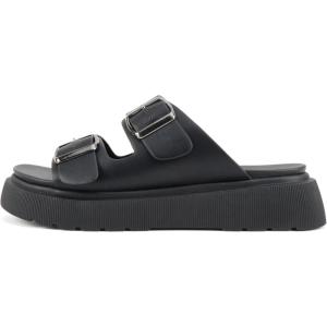 Soda “Uberta” ~ Women Round Toe Lug Sole Platform Slide Sandal with Two Adjustable Buckle Straps(Black Pu)