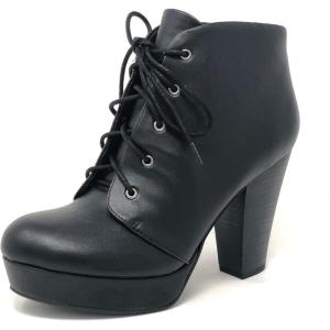 Soda Women’s Agenda Ankle Lace Up Platform Chunky Heel Ankle Bootie(Black Pu New)