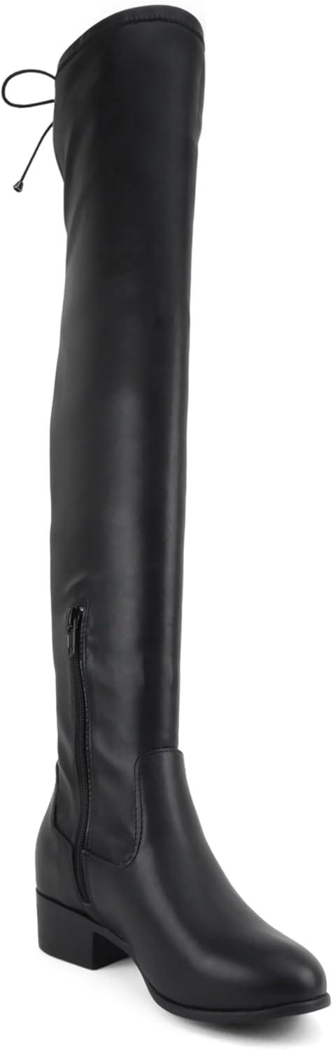 imageSoda Luna Women Round Toe Drawstring Low Heel Over the Knee BootsBlack Pu