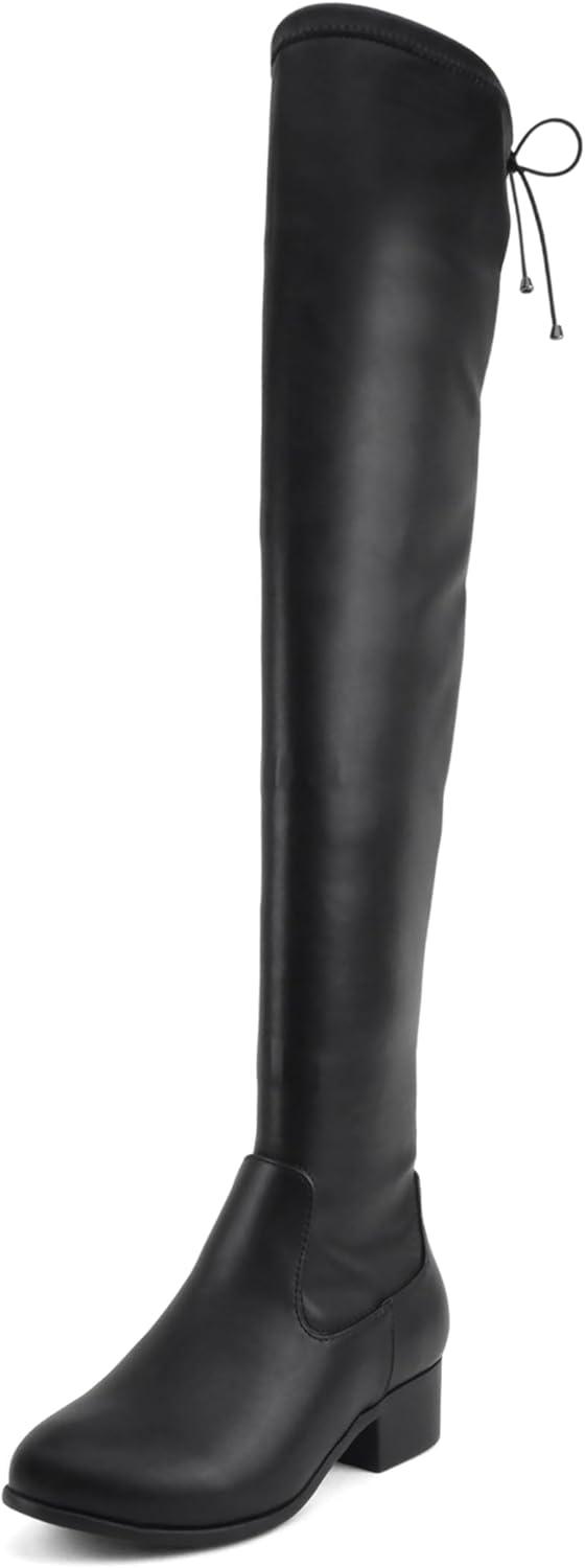 imageSoda Luna Women Round Toe Drawstring Low Heel Over the Knee BootsBlack Pu