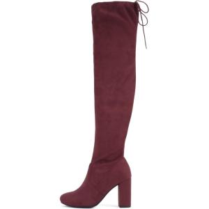 Soda Glora ~ Women Round Toe Drawstring High Heel Over the Knee Boots(Burgundy Imsu)