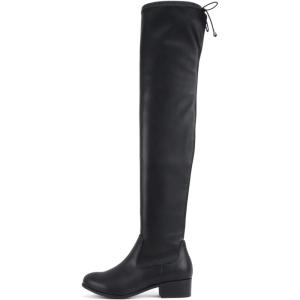 Soda Luna ~ Women Round Toe Drawstring Low Heel Over the Knee Boots(Black Pu)