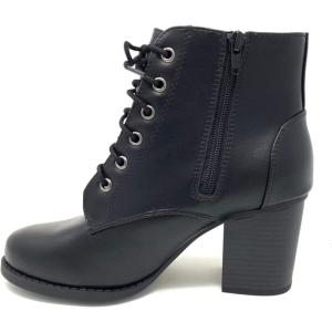 Soda Women Korman Cute Chunky Lace Up Leatherette Zipper Ankle Bootie(Black Pu)