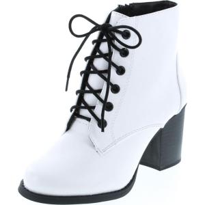 Soda Women Korman Cute Chunky Lace Up Leatherette Zipper Ankle Bootie(White Pu)