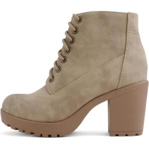 Soda Second Lug Sole Chunky Heel Combat Ankle Bootie Lace up w/Side Zipper(Taupe Pu)
