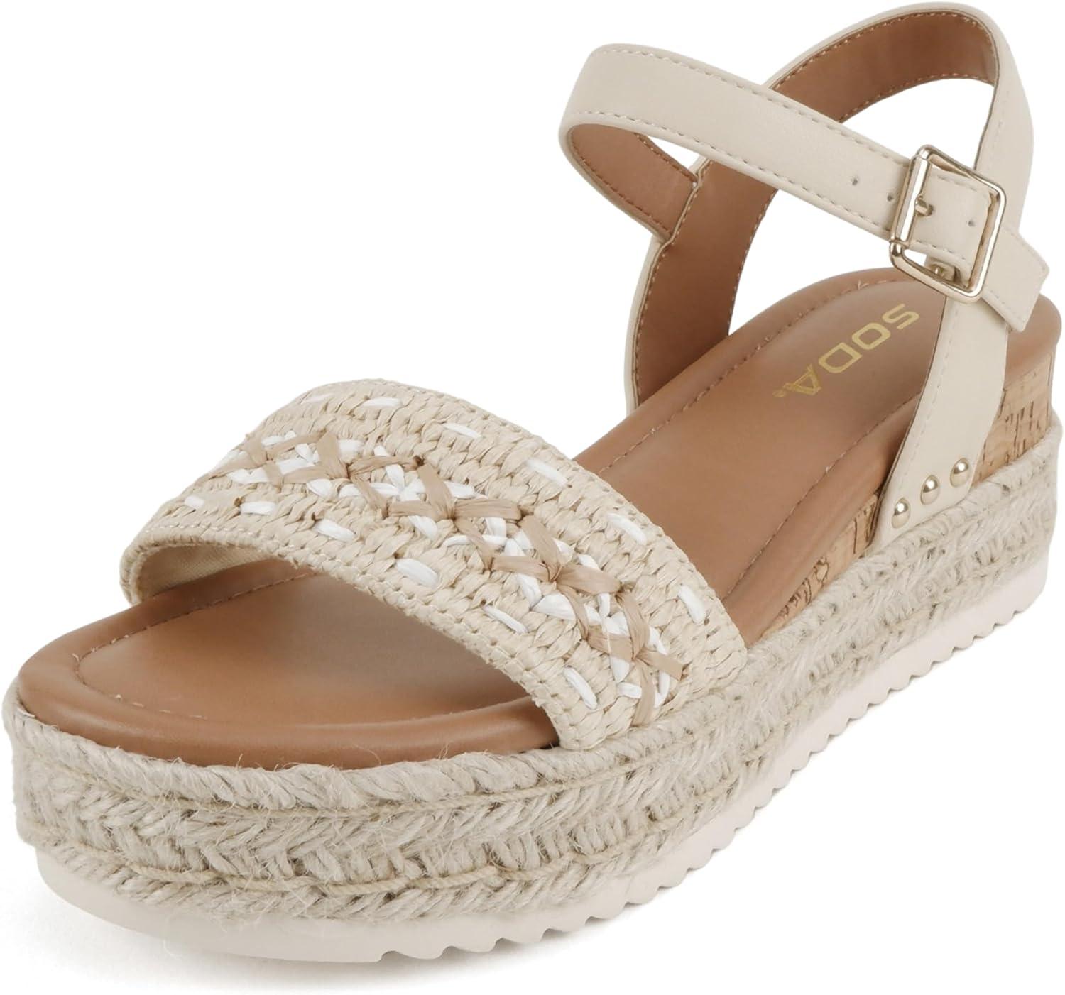 image:imageSoda Seeds Women Round Toe Raffia Stitch Espadrille Wedge SandalsBeige PuRaffia