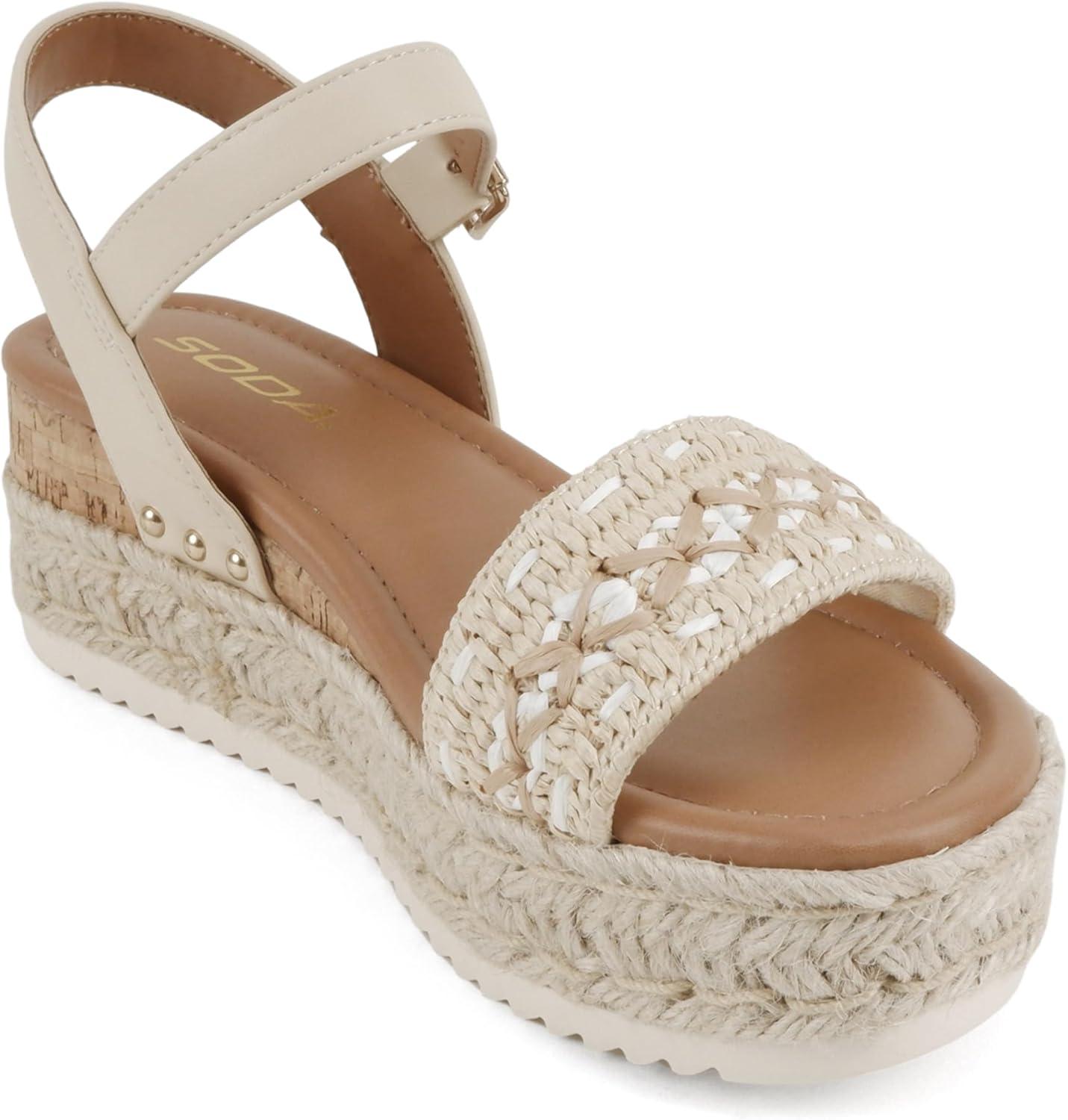 image:imageSoda Seeds Women Round Toe Raffia Stitch Espadrille Wedge SandalsBeige PuRaffia