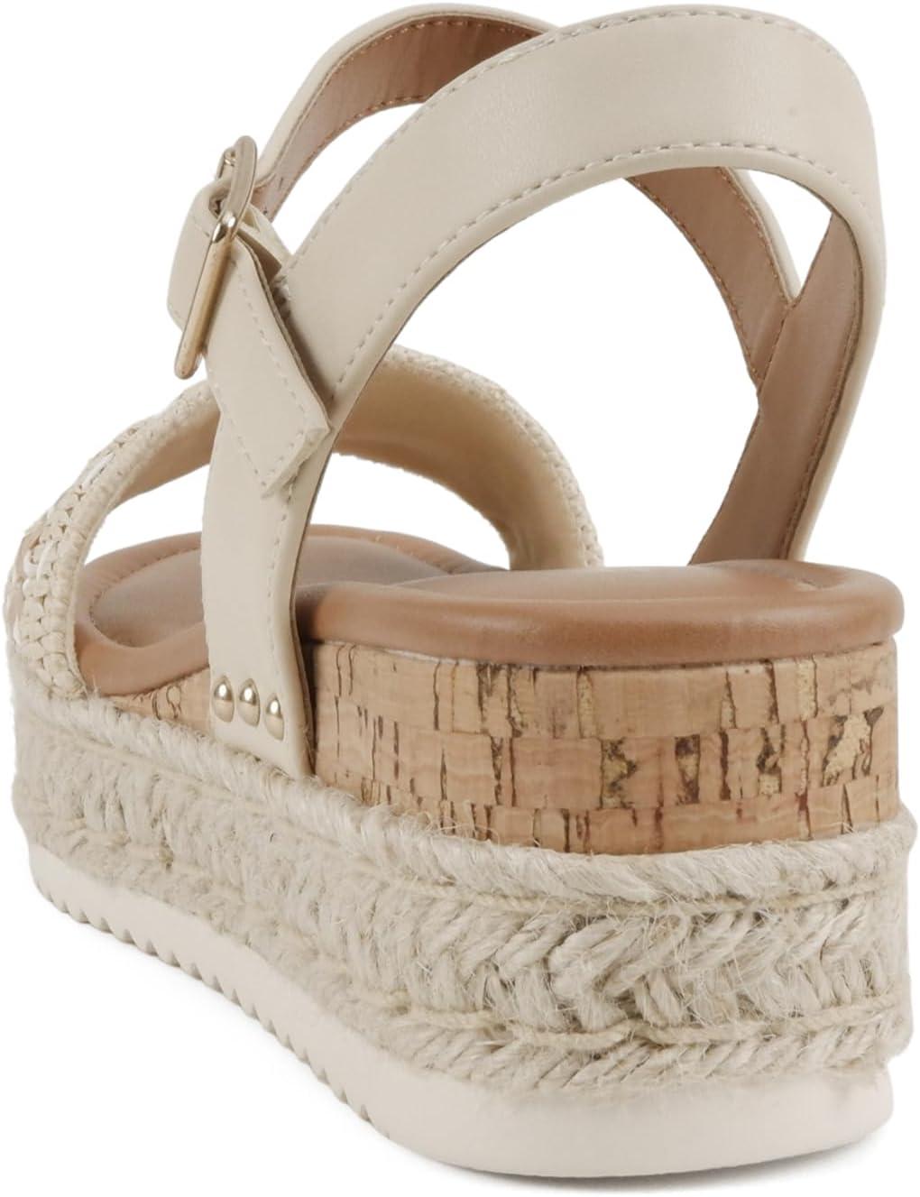 image:imageSoda Seeds Women Round Toe Raffia Stitch Espadrille Wedge SandalsBeige PuRaffia