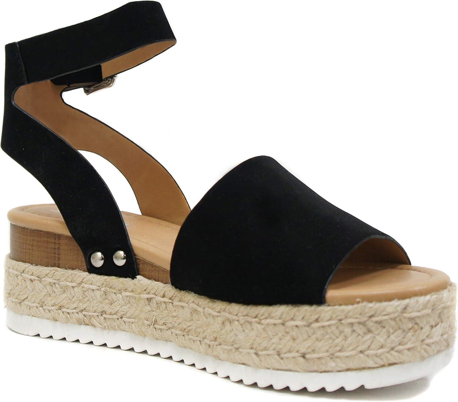 image:imageSoda Topic Open Toe Buckle Ankle Strap Espadrilles Flatform Wedge Casual SandalBlk Nub