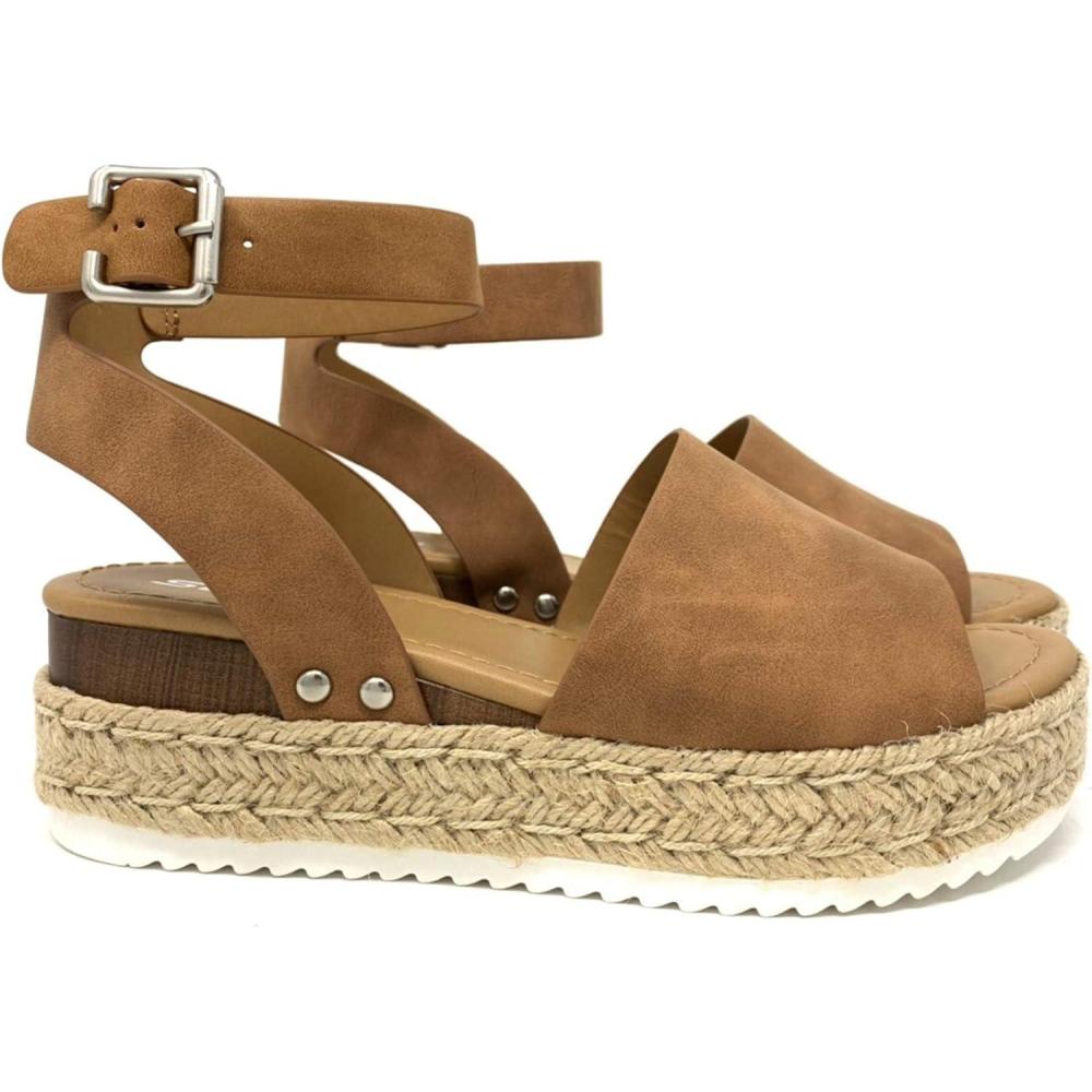 image:imageSoda Topic Open Toe Buckle Ankle Strap Espadrilles Flatform Wedge Casual SandalNew Tan