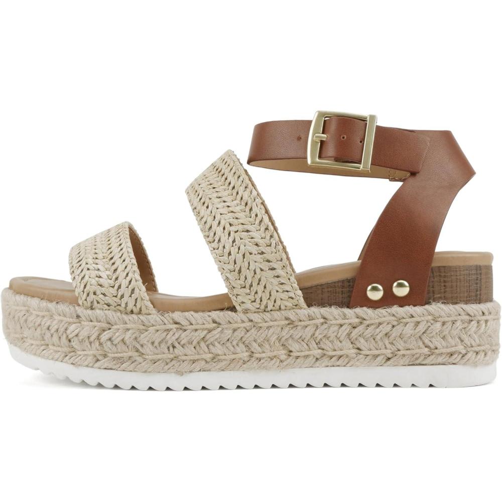 image:imageSoda Topic Open Toe Buckle Ankle Strap Espadrilles Flatform Wedge Casual SandalRaf Nat Tan Nbpu