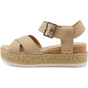 Soda FORTUNA ~ Open Toe Crisscross band Espadrille Jute Platform Wedge Casual Fashion Flatform Sandals with Buckle Ankle Wrap Strap