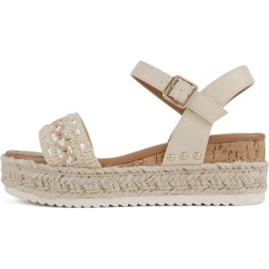 Soda “Seeds” ~ Women Round Toe Raffia Stitch Espadrille Wedge Sandals(Beige Pu/Raffia)