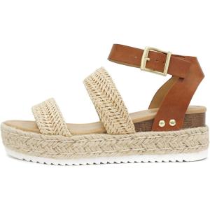 Soda Topic Open Toe Buckle Ankle Strap Espadrilles Flatform Wedge Casual Sandal(Bryce-raf Nat/Tan)
