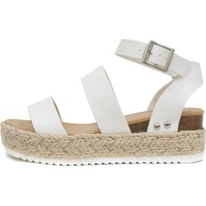 Soda Topic Open Toe Buckle Ankle Strap Espadrilles Flatform Wedge Casual Sandal(White)