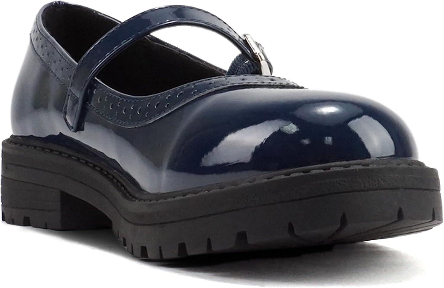 image:imageSoda FLIP2 Little KidsChildrenGirls Round Close Toe Wingtip Mary Jane Buckle Strap Lug Sole Low Heel ShoeNavy Patent
