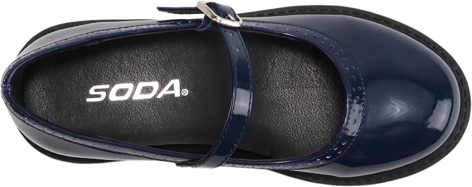 image:imageSoda FLIP2 Little KidsChildrenGirls Round Close Toe Wingtip Mary Jane Buckle Strap Lug Sole Low Heel ShoeNavy Patent