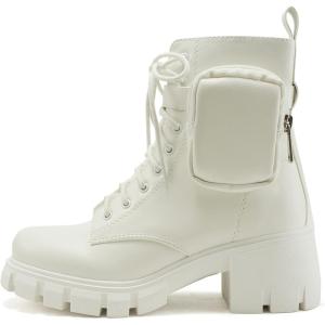 Soda BREACH ~ Women Lug Sole Mid Shaft Chunky Heel Fashion Combat Lace up Bootie W/Side Zipper & Pouch(White Pu)