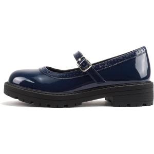 Soda “FLIP-2” ~ Little Kids/Children/Girls Round Close Toe Wingtip Mary Jane Buckle Strap Lug Sole Low Heel Shoe(Navy Patent)