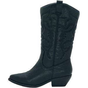 Women’s Reno Picotee Western Cowboy Pointed Toe Pull On Tabs Boots(Black)