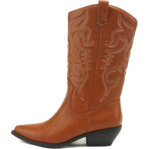 Women’s Reno Picotee Western Cowboy Pointed Toe Pull On Tabs Boots(Cognac Pu)