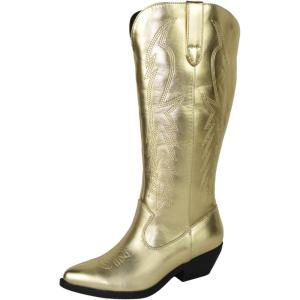 Women’s Reno Picotee Western Cowboy Pointed Toe Pull On Tabs Boots(Gold-c)