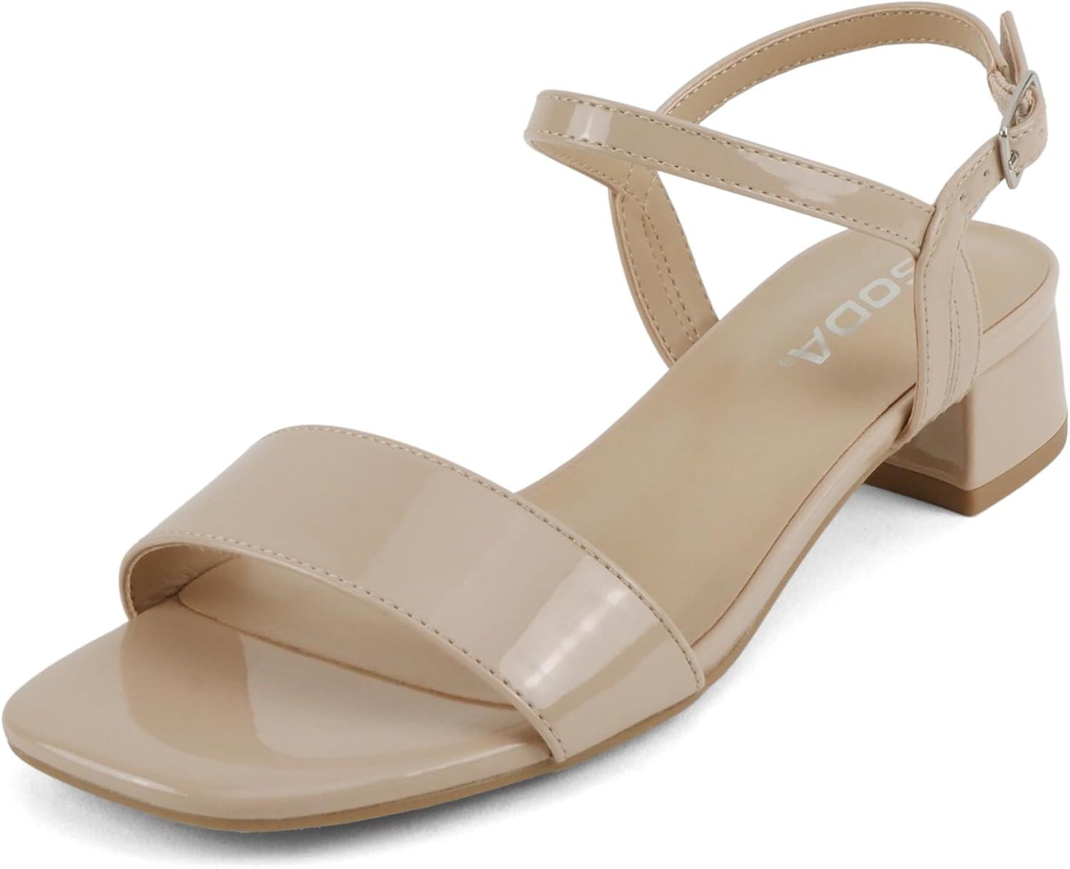 image:imageSoda Episode Women Square Toe Ankle Strap Low Heeled SandalsBeige Patent