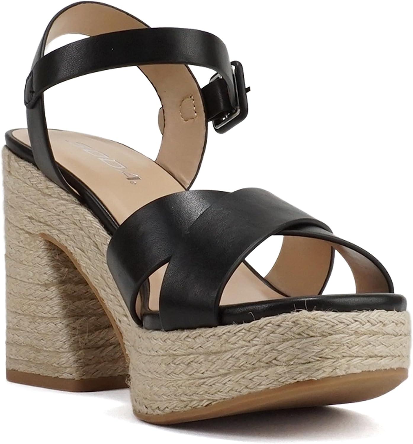 image:imageSoda NOBLE Women Open Square Toe Crisscross Band Ankle Strap High Heel Espadrille Notch Wedge SandalBlack Pu