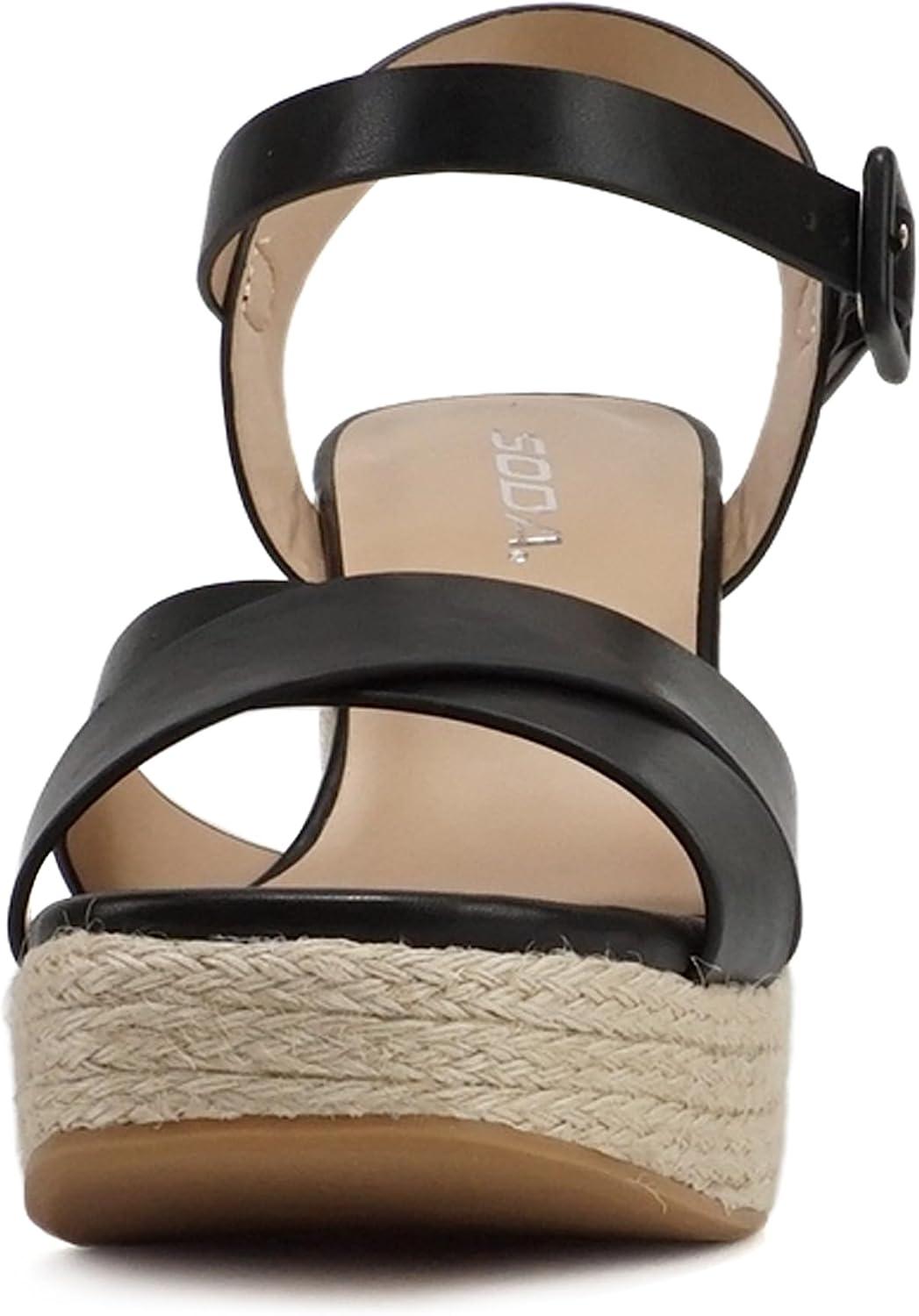 image:imageSoda NOBLE Women Open Square Toe Crisscross Band Ankle Strap High Heel Espadrille Notch Wedge SandalBlack Pu