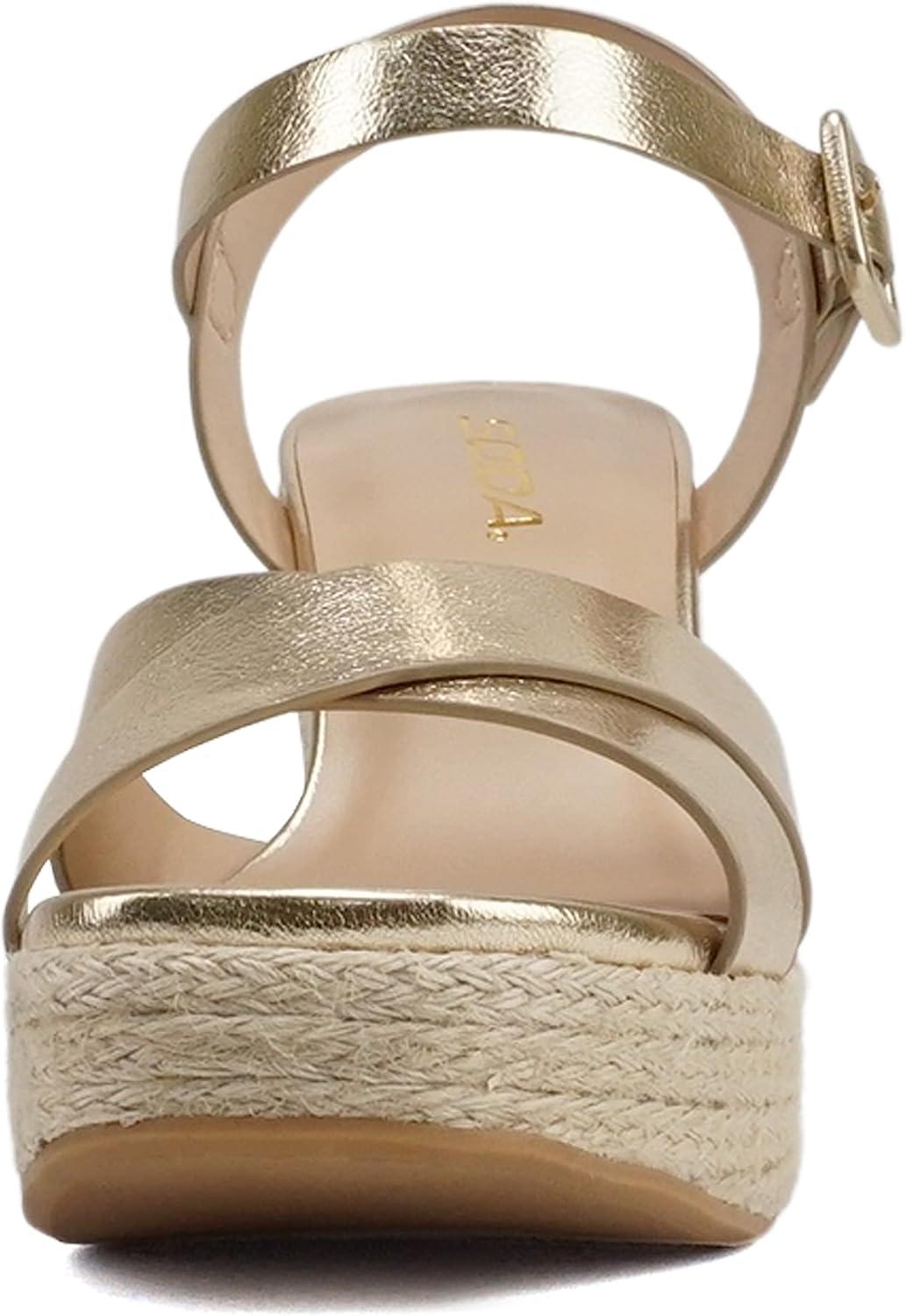image:imageSoda NOBLE Women Open Square Toe Crisscross Band Ankle Strap High Heel Espadrille Notch Wedge SandalGold Metallic Pu