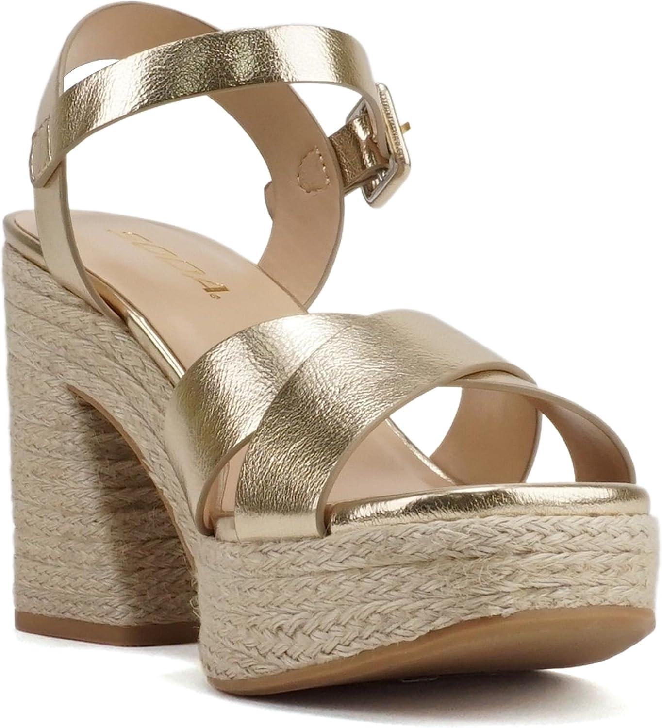 image:imageSoda NOBLE Women Open Square Toe Crisscross Band Ankle Strap High Heel Espadrille Notch Wedge SandalGold Metallic Pu