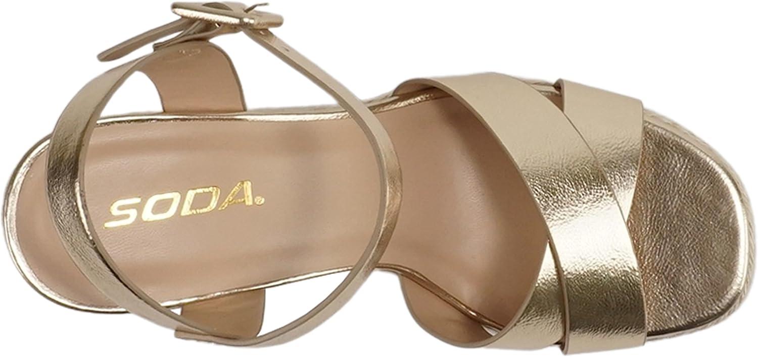 image:imageSoda NOBLE Women Open Square Toe Crisscross Band Ankle Strap High Heel Espadrille Notch Wedge SandalGold Metallic Pu