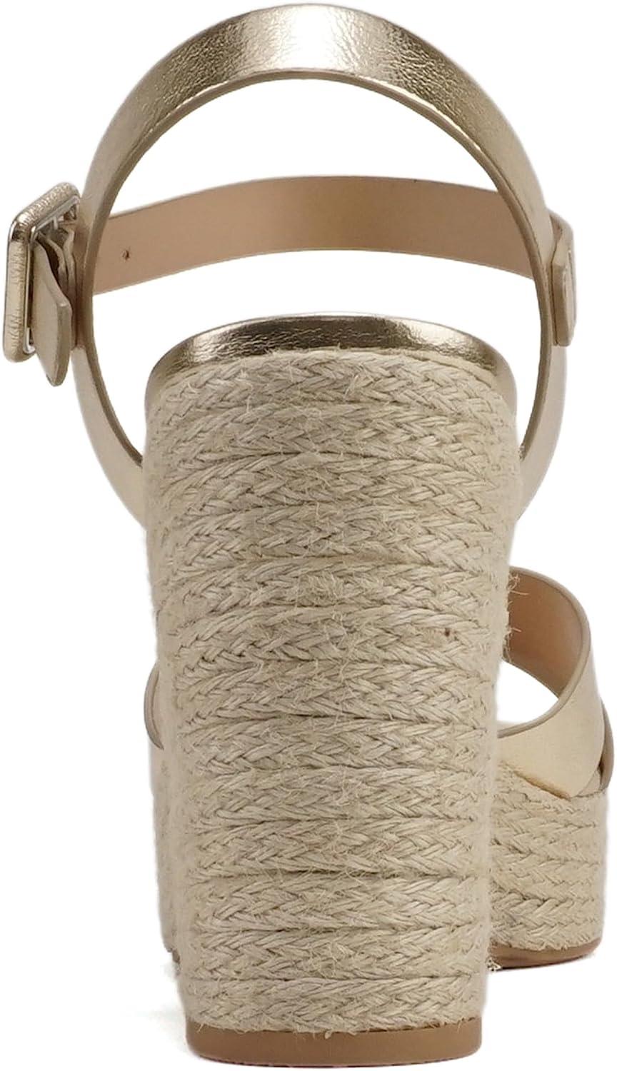 image:imageSoda NOBLE Women Open Square Toe Crisscross Band Ankle Strap High Heel Espadrille Notch Wedge SandalGold Metallic Pu