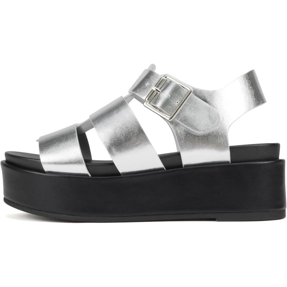 image:imageSoda Bossi  Women Round Toe Flatform Fisherman Wedge Sandals with Adjustable BuckleSilver PuBlack