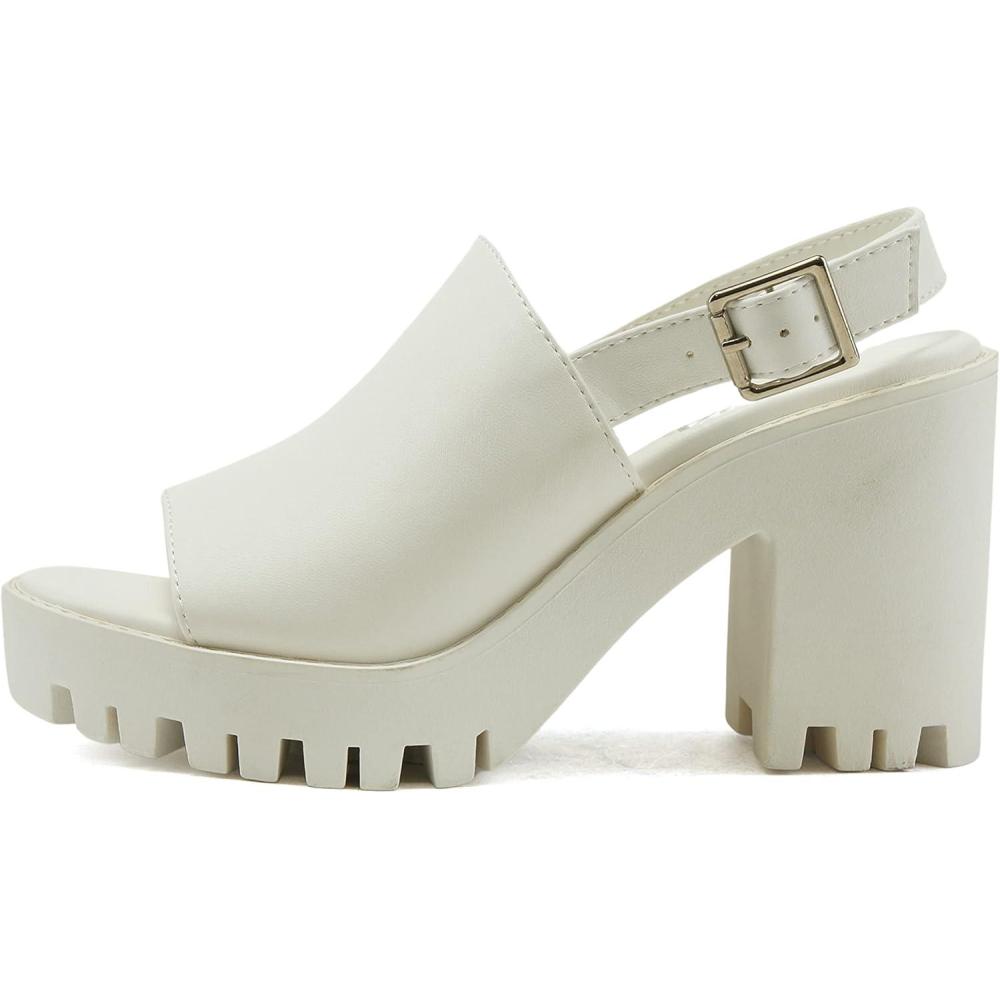 image:imageSoda MARRY Women Fashion Open Toe Single Wide Band Chunky Lug sole Block Heel Sandals with Adjustable Sling Back StrapWhite Pu