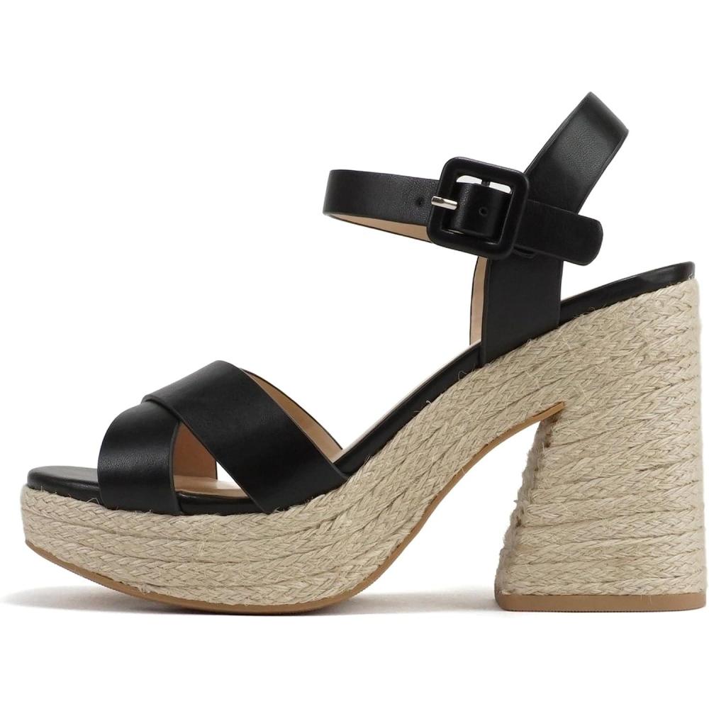 image:imageSoda NOBLE  Women Open Square Toe Crisscross Band Ankle Strap High Heel Espadrille Notch Wedge SandalBlack Pu