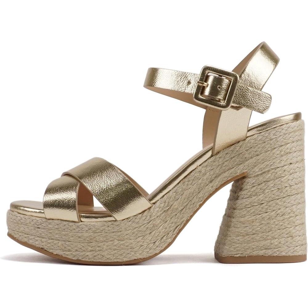 image:imageSoda NOBLE Women Open Square Toe Crisscross Band Ankle Strap High Heel Espadrille Notch Wedge SandalGold Metallic Pu