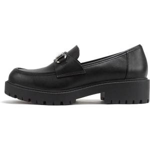 Soda “Bedale” ~ Women Round Toe Low Heel Lug Sole Slip-On Horse Bit Loafer Shoe(Black Pu)