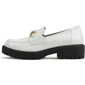 Soda “Bedale” ~ Women Round Toe Low Heel Lug Sole Slip-On Horse Bit Loafer Shoe(White Patent)