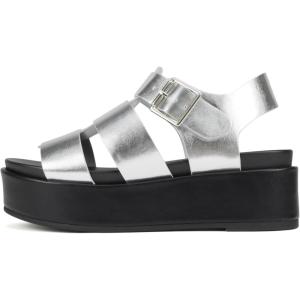 Soda “Bossi ~ Women Round Toe Flatform Fisherman Wedge Sandals with Adjustable Buckle(Silver Pu/Black)